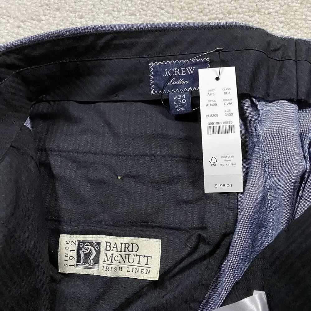 J.Crew Ludlow Pants Mens 34x30* Blue Chambray Baird McNutt Linen Dress Trousers